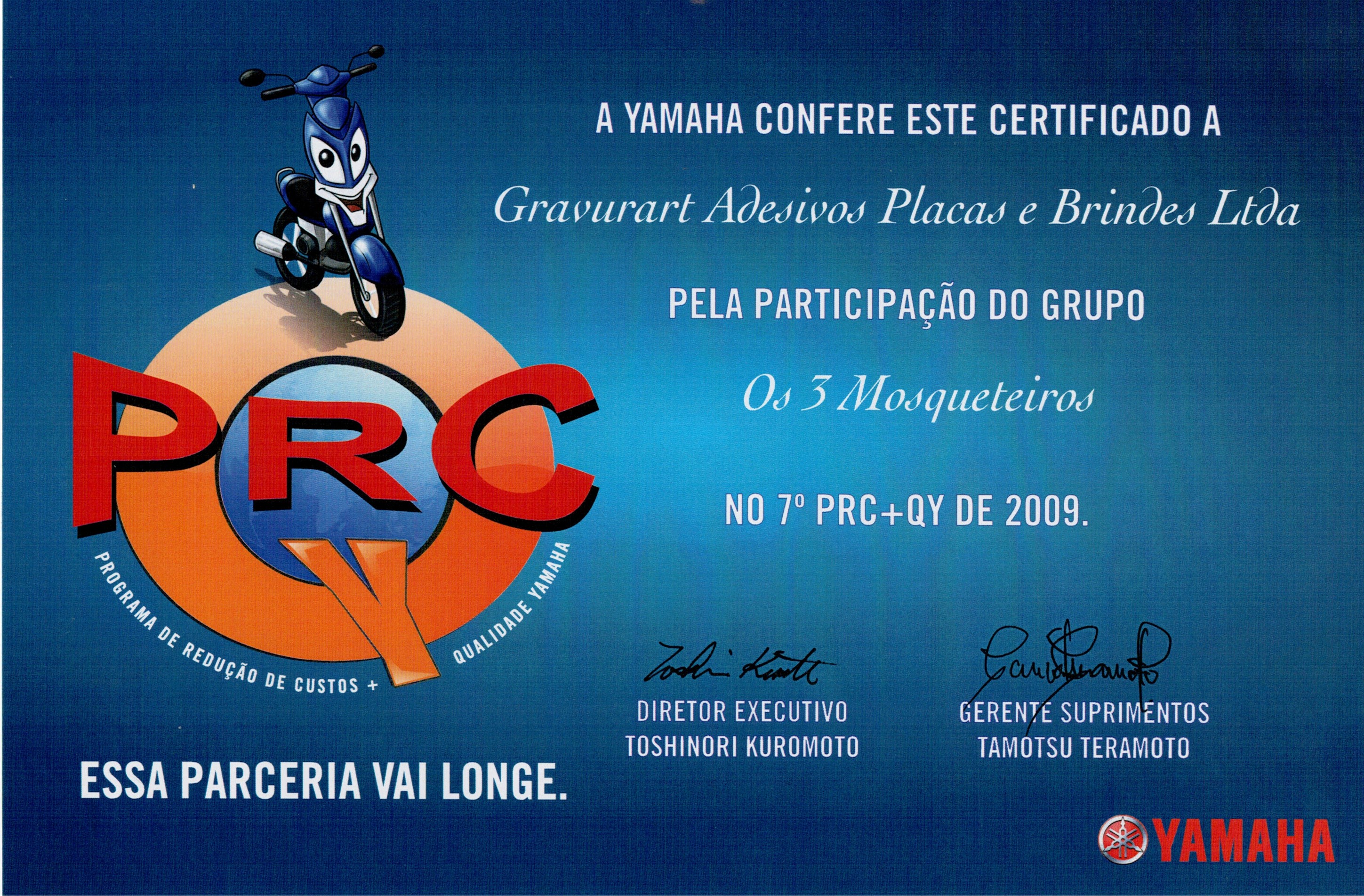 Certificado Yamaha PRC +QY 2009
